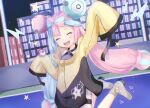 1girl bow-shaped_hair character_hair_ornament grey_pantyhose hair_ornament hexagon_print highres iono_(pokemon) jacket long_hair low-tied_long_hair multicolored_hair oversized_clothes pantyhose pokemon pokemon_(game) pokemon_sv sharp_teeth single_leg_pantyhose sleeves_past_fingers sleeves_past_wrists solo split-color_hair teeth twintails very_long_sleeves x yamabuki_humi yellow_jacket