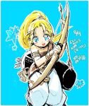  1girl arrow_(projectile) blonde_hair blue_eyes bow_(weapon) chain chrono_trigger dated jewelry long_hair marle_(chrono_trigger) mituna_y_(sa-po) open_mouth ponytail simple_background smile solo star_(symbol) weapon 