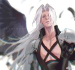  1boy armor bangs black_gloves black_wings feathers final_fantasy final_fantasy_vii gloves green_eyes highres long_hair looking_at_viewer open_clothes pauldrons sephiroth shoulder_armor simple_background single_wing slit_pupils solo white_hair wings xianyu314 