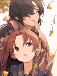  2girls absurdres autumn autumn_leaves bangs blue_eyes bow brown_eyes brown_hair girls_und_panzer hair_bow hair_over_one_eye highres kadotani_anzu long_hair looking_at_another looking_to_the_side low_ponytail multiple_girls ogin_(girls_und_panzer) open_mouth oshiri_seijin outdoors parted_bangs plaid popped_collar twintails wind 