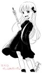  1girl bangs black_dress blunt_bangs blush bow broom dress emilico_(shadows_house) hair_bow holding holding_broom long_hair looking_at_viewer monochrome open_mouth shadows_house simple_background smile solo soumatou_(mayoibashi) standing white_background 