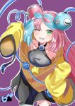 1girl 53872 absurdres alternate_costume cosplay grey_pantyhose highres iono_(pokemon) iono_(pokemon)_(cosplay) jacket komeiji_koishi long_hair low-tied_long_hair multicolored_hair oversized_clothes pantyhose pokemon pokemon_(game) pokemon_sv sharp_teeth sleeves_past_wrists solo split-color_hair teeth touhou twintails very_long_sleeves yellow_jacket