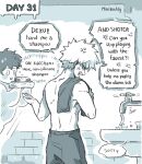  2boys alternate_universe anger_vein annoyed artist_name bakugou_katsuki bathroom boku_no_hero_academia commentary english_commentary english_text faucet freckles from_behind ghost greyscale highres holding indoors male_focus midoriya_izuku minibuddy monochrome multiple_boys open_mouth shampoo_bottle short_hair sink speech_bubble spiky_hair standing topless_male towel_on_one_shoulder water 