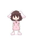  1girl :3 animal_ears blackbad brown_hair carrot_necklace commentary dress full_body highres inaba_tewi jewelry jitome lop_rabbit_ears medium_hair necklace open_mouth pink_dress puffy_short_sleeves puffy_sleeves rabbit_ears rabbit_girl rabbit_tail red_eyes short_sleeves simple_background solo symbol-only_commentary tail touhou white_background 