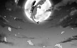  closed_mouth clouds commentary_request falling_leaves flying greyscale leaf lugia monochrome moon night no_humans outdoors pokemon pokemon_(creature) sky solo y_(036_yng) 