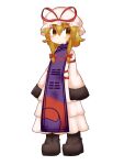  1girl arms_at_sides bangs black_footwear blackbad blonde_hair boots bow closed_mouth commentary dress frilled_dress frills full_body hair_between_eyes hair_bow hat hat_bow highres mob_cap purple_tabard red_bow sleeves_past_fingers sleeves_past_wrists smile solo tabard touhou white_headwear yakumo_yukari yellow_eyes 