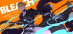 1boy 21_isbivm bleach brown_eyes copyright_name english_text gloves highres holding holding_sword holding_weapon kurosaki_ichigo long_sleeves looking_at_viewer male_focus orange_background orange_hair parted_lips short_hair solo standing sword teeth upper_body weapon 