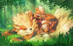  arcanine claws closed_eyes closed_mouth commentary day evolutionary_line fangs fangs_out grass growlithe irischroma lying no_humans outdoors pokemon pokemon_(creature) sleeping smile tree 