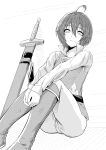  1girl absurdres belt boots commentary crossdressing highres knight looking_at_viewer monochrome original pants reverse_trap short_hair sitting solo sword tomboy weapon 