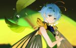  1girl antennae bangs blue_hair butterfly_wings closed_mouth commentary dew_drop dress eternity_larva flower green_dress highres holding holding_flower its8b leaf leaf_on_head looking_at_viewer red_eyes short_hair sleeveless sleeveless_dress smile solo touhou upper_body water_drop white_flower wings 
