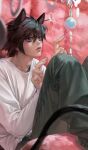  1boy animal_ears baggy_pants black_eyes black_hair blurry blurry_foreground cat_boy cat_ears cat_tail death_note feet_out_of_frame grey_pants hair_between_eyes jnkku kemonomimi_mode l_(death_note) long_sleeves looking_up male_focus pants shirt short_hair sitting solo spiky_hair tail white_shirt 