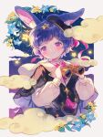  1girl ahoge animal_ear_fluff animal_ears bangs binoculars black_cape blue_flower border cape clouds commentary conago2 dot_nose flower frilled_shirt_collar frills highres holding holding_binoculars light_blush light_smile long_sleeves looking_at_viewer original pink_eyes puffy_long_sleeves puffy_sleeves purple_hair rabbit_ears shirt short_hair solo star_(symbol) symbol-only_commentary white_border white_cape white_shirt yellow_flower 