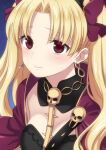  1girl bangs blonde_hair blush bow breasts cape closed_mouth commentary_request detached_collar earrings ereshkigal_(fate) fate/grand_order fate_(series) gold_trim hair_bow irino jewelry long_hair looking_at_viewer parted_bangs red_bow red_cape red_eyes skull small_breasts solo spine two_side_up upper_body 