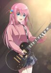  1girl bangs blue_eyes bocchi_the_rock! commentary_request cowboy_shot cube_hair_ornament electric_guitar gibson_les_paul gotou_hitori grey_skirt guitar hair_between_eyes hair_ornament high_collar highres instrument jacket kashiiyou long_hair long_sleeves looking_at_viewer music open_mouth pink_hair pink_jacket plaid plaid_skirt playing_instrument pleated_skirt skirt smile solo teeth track_jacket upper_teeth 
