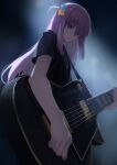  1girl bangs black_shirt blue_eyes bocchi_the_rock! closed_mouth cube_hair_ornament electric_guitar from_below gibson_les_paul gotou_hitori guitar hair_ornament hair_over_eyes highres im_catfood instrument long_hair music pink_hair playing_instrument shirt short_sleeves solo 