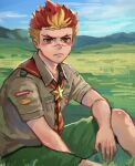  1boy akatora_taiga bakemonookome blonde_hair blush boy_scout brooch camp_buddy closed_mouth field jewelry looking_at_viewer male_focus multicolored_hair neckerchief on_floor orange_eyes redhead scar scar_on_face scar_on_nose scout_uniform short_hair sitting star_brooch two-tone_hair 