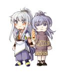  2boys arcturus bangs black_footwear brown_shirt brown_shorts chibi closed_mouth commentary cuffs dagger dual_persona full-body_tattoo full_body grey_eyes grey_hair hair_between_eyes high_ponytail highres holding holding_dagger holding_weapon knife light_purple_hair long_hair long_sleeves looking_at_viewer male_focus multiple_boys pants purple_hair purple_pants shirt shoes short_sleeves shorts simple_background sizz_flair smile standing tattoo tunic weapon white_background white_tunic xiansan 