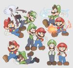  2boys :d angry blooper_(mario) blue_eyes blue_pants brothers brown_footwear brown_hair buttons clenched_hand closed_mouth cup electricity electrokinesis facial_hair fire full_body gloves green_headwear green_shirt grey_background hat holding holding_cup hoshikuzu_pan ink long_sleeves looking_at_another luigi male_focus mario multiple_boys multiple_views mustache one_eye_closed open_mouth overalls pants pyrokinesis raised_eyebrows red_headwear red_shirt shirt shoes short_hair siblings sideways_glance simple_background smile squid steam super_mario_bros. sweatdrop tripping walking white_gloves 