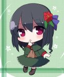  1girl bangs black_footwear black_hair blush boots brown_shirt chibi closed_mouth cross-laced_footwear flower full_body green_jacket green_skirt hair_between_eyes hair_flower hair_ornament jacket lace-up_boots open_clothes open_jacket original red_eyes red_flower rensei shirt skirt smile solo 