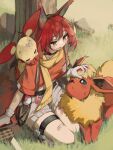  1girl absurdres against_tree animal_ears arknights bandaid bandaid_on_face bandaid_on_leg brown_eyes bruise flametail_(arknights) flametail_(sport_for_all)_(arknights) flareon gloves highres holding holding_sword holding_weapon injury on_shoulder orange_shirt petting plusle poke_ball poke_ball_(basic) pokemon pokemon_(creature) pokemon_on_shoulder redhead scarf shirt shorts squirrel_ears squirrel_tail suspenders sword tail togekk0 tree weapon white_gloves white_shorts 
