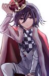  1boy arm_up bangs black_hair buttons caeser_(caeser1112) checkered_clothes checkered_scarf crown danganronpa_(series) danganronpa_v3:_killing_harmony double-breasted feet_out_of_frame frown hair_between_eyes highres holding holding_crown jacket long_sleeves looking_at_viewer male_focus ouma_kokichi purple_hair royal_robe scarf short_hair simple_background solo violet_eyes white_background 