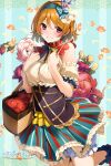  1girl apple arm_garter basket blue_background blue_hairband blue_skirt blush bow breasts brown_hair food fruit hair_bow hairband highres holding holding_basket koizumi_hanayo looking_at_viewer love_live! love_live!_school_idol_project medium_breasts nakano_maru short_hair skirt smile solo striped striped_bow vertical_stripes violet_eyes 