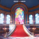  blonde_hair brooch clouds crown dress elbow_gloves flower gloves highres jewelry lamppost official_art pink_dress princess_peach red_flower red_rose rose scenery stained_glass stairs super_mario_bros. the_super_mario_bros._movie throne white_gloves 