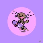  :d black_eyes commentary happy highres james_turner no_humans open_mouth paldean_wooper pokemon pokemon_(creature) signature skateboard skateboarding smile solid_oval_eyes solo tongue 