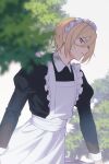  1boy 55mot0 alternate_costume apron bangs bishounen black_dress blonde_hair blue_eyes blurry blurry_foreground branch closed_mouth collared_dress commentary_request crossdressing depth_of_field dress enmaided ensemble_stars! eyelashes frilled_apron frills hair_between_eyes head_tilt highres juliet_sleeves long_sleeves looking_at_viewer maid maid_apron maid_headdress male_focus puffy_sleeves serious sidelocks sideways_glance simple_background sleeve_cuffs solo standing tenshouin_eichi tree white_apron white_background white_headwear wing_collar 