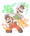  2boys blue_eyes brothers brown_footwear brown_hair buttons closed_mouth fire fire_luigi fire_mario full_body gloves green_fire green_pants hat hoshikuzu_pan long_sleeves looking_away luigi male_focus mario multiple_boys overalls pants pyrokinesis red_pants serious shirt shoes short_hair siblings simple_background standing super_mario_bros. v-shaped_eyebrows white_background white_gloves white_headwear white_shirt 