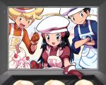  1girl 2boys :d alcremie apron barry_(pokemon) black_eyes black_hair blonde_hair blue_jacket blurry blurry_foreground brown_eyes closed_mouth commentary_request crossed_arms dawn_(palentine&#039;s_2021)_(pokemon) hat highres hikari_(pokemon) jacket long_hair lucas_(pokemon) mittens multiple_boys official_alternate_costume open_mouth orange_jacket pokemon pokemon_(game) pokemon_dppt pokemon_masters_ex red_jacket sawarabi_(sawarabi725) shiny shiny_hair short_sleeves smile twitter_username white_headwear 