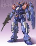  absurdres artist_name beam_saber blue_destiny_02 character_name clenched_hand commentary_request full_body green_eyes gun gundam gundam_side_story:_the_blue_destiny highres holding holding_gun holding_weapon maeda_hiroyuki mecha mobile_suit redesign robot science_fiction shadow shield solo standing v-fin weapon zeon 