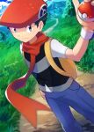  1boy absurdres black_hair black_vest blue_eyes blue_pants closed_mouth day hand_on_hip hat highres holding holding_poke_ball looking_at_viewer lucas_(pokemon) male_focus outdoors pants poke_ball poke_ball_print pokemon pokemon_(game) pokemon_dppt print_headwear red_headwear red_scarf sawarabi_(sawarabi725) scarf shiny shiny_hair short_hair short_sleeves smile solo standing twitter_username vest white_sleeves 