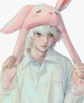  1boy animal_hood black_eyes closed_mouth collared_shirt death_note hair_between_eyes hood jnkku long_sleeves looking_to_the_side male_focus near pom_pom_(clothes) rabbit_hood shirt short_hair solo upper_body white_background white_hair white_shirt 