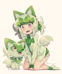  1girl ;d animal_ears fangs green_hair highres kneeling kuromiya looking_at_another multicolored_hair one_eye_closed open_mouth personification pokemon pokemon_(creature) red_eyes simple_background smile sprigatito tail thighs translation_request twitter_username two-tone_hair white_hair yellow_background 