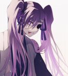  1girl bangs bleach bleach:_the_thousand-year_blood_war eyepatch hair_between_eyes highres japanese_clothes long_hair long_sleeves looking_at_viewer purple_hair saitou_furoufushi shinigami simple_background smile solo sumire_1046 tongue tongue_out twintails violet_eyes white_background 