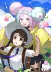 2girls :d :o absurdres ayu_(ayuyu0924) backpack bag bangs basket braid brown_bag brown_eyes brown_hair character_hair_ornament clouds collared_shirt commentary day eyelashes food food_on_face grey_headwear hair_ornament hat highres hoppip iono_(pokemon) jacket looking_at_viewer multicolored_hair multiple_girls necktie open_mouth outdoors pink_hair pokemon pokemon_(creature) pokemon_(game) pokemon_sv purple_necktie sandwich sharp_teeth shirt short_sleeves sky smile sprigatito tandemaus teeth tongue twintails two-tone_hair upper_teeth yellow_jacket
