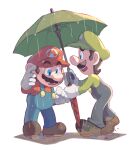  2boys blue_eyes blue_pants brothers brown_footwear brown_hair buttons closed_umbrella facial_hair full_body gloves green_headwear green_shirt green_umbrella hand_up hat holding holding_umbrella hoshikuzu_pan long_sleeves looking_at_another luigi male_focus mario mud multiple_boys mustache open_mouth overalls pants profile puddle rain raised_eyebrows red_headwear red_shirt red_umbrella shirt shoes short_hair siblings simple_background standing super_mario_bros. teeth umbrella upper_teeth white_background white_gloves 