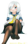 1girl black_pantyhose blue_eyes breasts cowboy_shot dated eyes_visible_through_hair feet foot_focus gloves hair_ornament hair_over_one_eye hairclip hamakaze_(kancolle) kantai_collection medium_breasts neckerchief one-hour_drawing_challenge pantyhose pleated_skirt ray.s school_uniform serafuku short_hair simple_background sitting skirt skirt_hold solo twitter_username white_background white_gloves white_hair yellow_neckerchief 