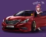  1girl :d aru_(blue_archive) bangs blue_archive blunt_bangs bow bowtie brown_eyes car commentary demon_girl demon_horns english_commentary ground_vehicle halo highres horns hyundai hyundai_sonata korean_text long_hair looking_at_viewer motor_vehicle nougat_(73r1r1) purple_background redhead school_uniform short_sleeves sidelocks simple_background smile solo traffic_ticket 