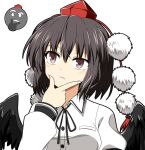  1girl bangs black_hair black_ribbon black_wings breasts brown_eyes buttons collared_shirt commentary_request emoji feathered_wings hand_on_own_chin hat highres kbmollysuh long_sleeves medium_breasts neck_ribbon pom_pom_(clothes) raised_eyebrow red_headwear red_ribbon ribbon shameimaru_aya shirt short_hair solo stroking_own_chin thinking thinking_emoji tokin_hat touhou white_shirt wings 