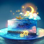  1girl boat cake clouds commentary crescent_moon dress english_commentary fish fishing fishing_rod food green_hair highres manta_ray moon night original plate red_dress sand short_hair sitting star_(sky) table water watercraft watermark web_address yuumei 