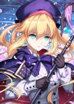  absurdres artoria_caster_(fate) artoria_caster_(second_ascension)_(fate) artoria_pendragon_(fate) bangs beret black_bow black_gloves blonde_hair blue_cloak blue_headwear bow buttons cloak collar collared_shirt fate/grand_order fate_(series) flower gem gloves gold_trim green_eyes hair_bow hat highres holding holding_staff long_hair long_sleeves night night_sky open_mouth ornament petals shirt simple_background sky solo sou_skate714 staff star_(sky) thigh-highs 
