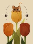  animal_focus black_eyes brown_fur covering_mouth english_commentary english_text flower katriadoodles leaf looking_at_viewer mouse no_humans orange_flower orange_tulip original red_flower red_tulip simple_background tulip twitter_username whiskers yellow_flower yellow_tulip 