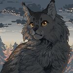  animal animal_focus cat clouds commentary english_commentary geellyart graystripe grey_cat grey_fur no_humans pixel_art sky sunset tagme warrior_cats yellow_eyes 