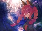  1girl animal_ears bare_tree black_bow bow braid cat_ears closed_mouth fang hair_bow highres kaenbyou_rin kiritanpo117 long_hair looking_at_viewer outdoors red_eyes redhead side_braid smile solo touhou tree twin_braids twintails upper_body 