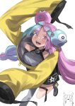 1girl bow-shaped_hair breasts character_hair_ornament cosplay grey_pantyhose hair_ornament hexagon_print highres iono_(pokemon) iono_(pokemon)_(cosplay) jacket large_breasts long_hair low-tied_long_hair multicolored_hair okbnkn oversized_clothes pantyhose pokemon pokemon_(game) pokemon_sv sharp_teeth single_leg_pantyhose sleeves_past_fingers sleeves_past_wrists solo split-color_hair star_(symbol) star_in_eye symbol_in_eye teeth twintails very_long_sleeves x yellow_jacket
