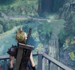  1boy armor balcony black_gloves blonde_hair buster_sword cloud_strife facing_away final_fantasy final_fantasy_vii final_fantasy_vii_remake garden gloves highres male_focus outdoors short_hair shoulder_armor sleeveless sleeveless_turtleneck solo spiky_hair stairs stream turtleneck upper_body weapon weapon_on_back yum0811 