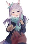  1girl 1other :d absurdres animal_ears bangs blue_ribbon blue_scarf blurry blurry_foreground blush coat ear_ribbon highres horse_ears horse_girl horse_tail long_hair looking_at_viewer mejiro_mcqueen_(umamusume) pov pov_hands purple_hair ribbon scarf simple_background smile solo_focus swept_bangs tail umamusume usukawa_(uskw_sr) violet_eyes white_background 