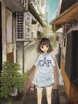  1girl animal_ears bangs blunt_bangs bob_cut brown_hair building day electric_fan fujitoma jewelry long_shirt necklace original outdoors plant potted_plant scenery shirt soda_bottle solo standing t-shirt tongue tongue_out torii white_shirt 